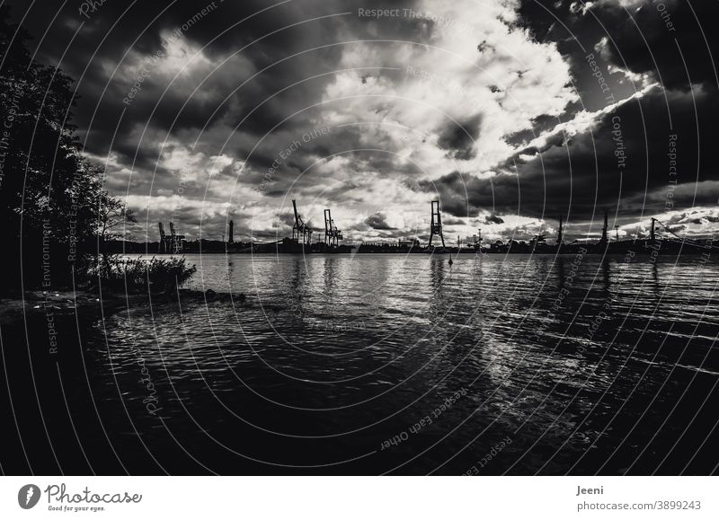 Port of Swinemünde | gloomy atmosphere lies in the dark clouds that push their way from the Baltic Sea into the land Harbour Port City Usedom Water swinoujscie