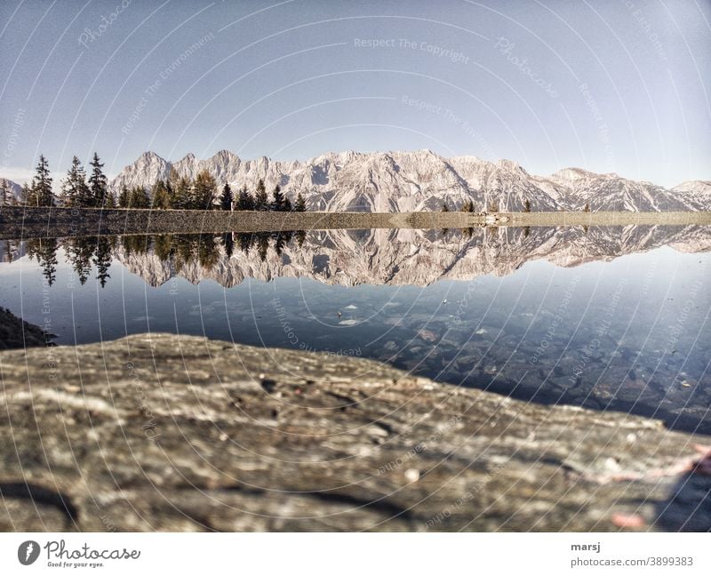 Dachstein and its colleagues in real and as a reflection in a mountain lake. Loneliness Silence Hiking silent Calm Vacation & Travel Dachstein massif