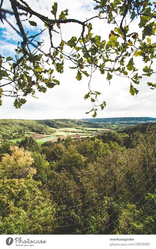 Franconian natural landscape far vision Vantage point Nature Hiking Tourism sustainability Upper Franconia Bavaria Forest Rock rock formation Sun sunshine