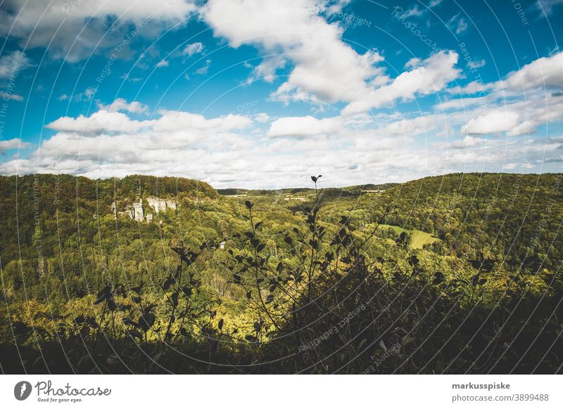 Franconian natural landscape far vision Vantage point Nature Hiking Tourism sustainability Upper Franconia Bavaria Forest Rock rock formation Sun sunshine