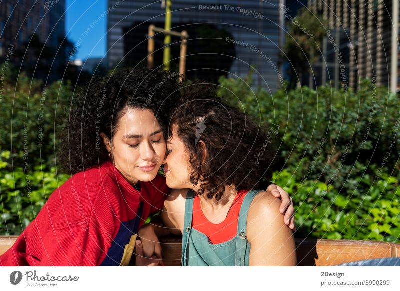 Smiling lesbian couple embracing and relaxing on a park bench affectionate closeness ethnic ethnicity friends friendship laughing lover loving multiracial