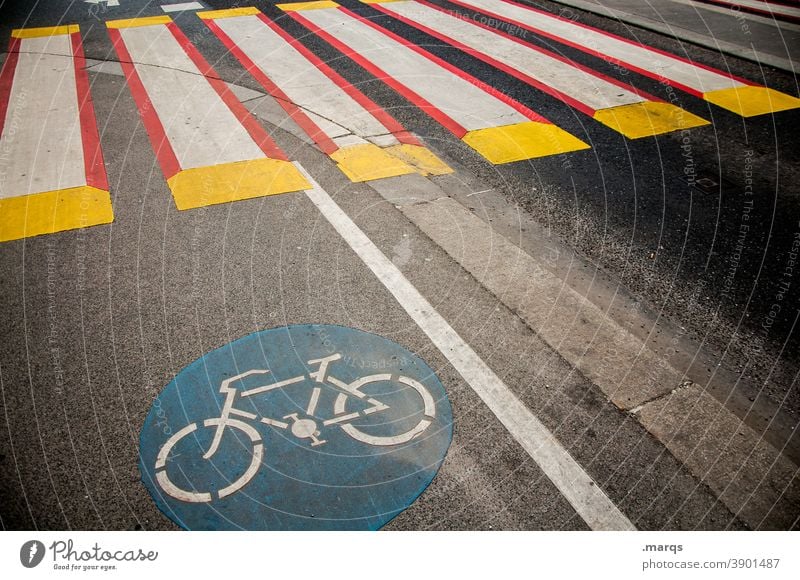 Cycle path with zebra crossing Zebra crossing Road traffic Lanes & trails Street Transport Stripe Signs and labeling Safety StVO Mobility Urban transport