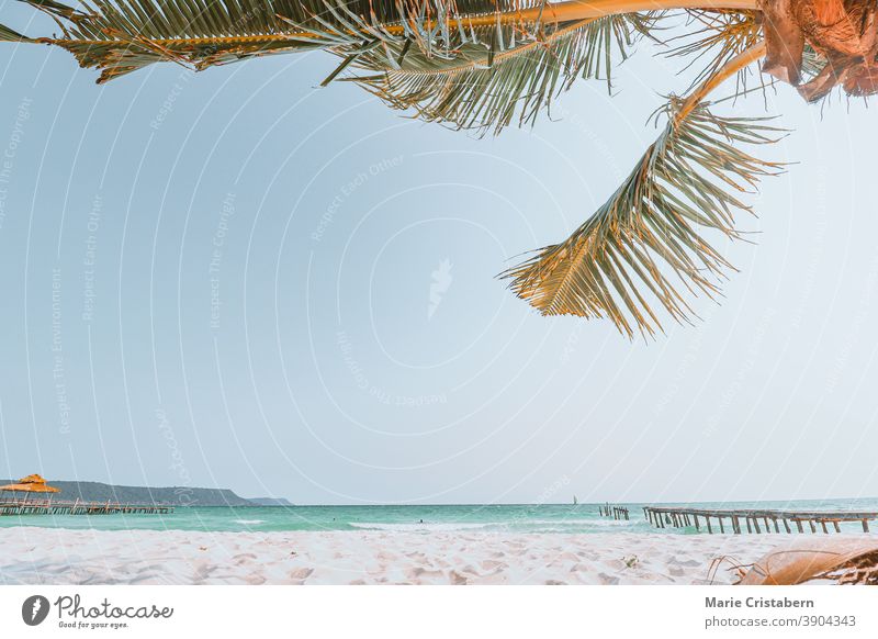 Deserted white sand beach of Koh Rong Island which is usually a tourist summer destination, shows the effect of covid-19 pandemic in the tourism and travel industry