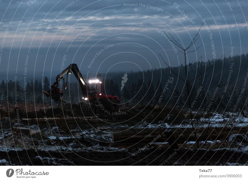 Winter harvester at work Forest Winter forest forest machine logging Light Machinery Bark-beetle Climate change