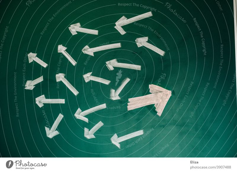 Swimming against the current. Many arrows in one direction and one arrow in the opposite. Arrow Direction differently buck the trend dissent Differentiation