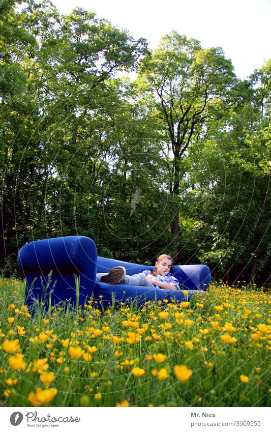 siesta Summer Calm Relaxation Sofa Grass Flower Nature Environment Meadow Lie Sleep Dream Spring fever Contentment naturally Serene Blue Flower meadow Idyll