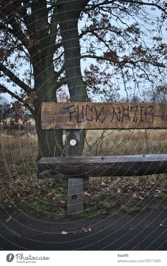 Fuck Nazis - Statement on a seat Racism object right-wing extremism Bench Sit politically Democracy Opinion embassy against the right Characters Protest