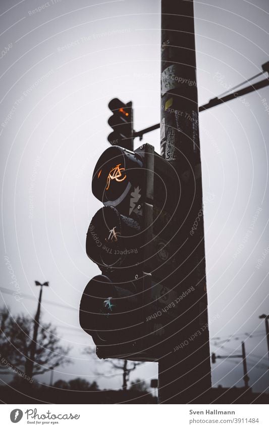 Two red lights from the frog's eye view Worm's-eye view Red Traffic lights Road sign Transport Colour photo Exterior shot Street Traffic infrastructure