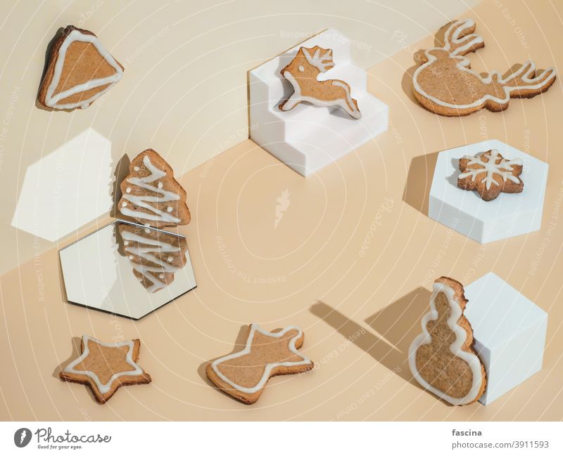 Christmas gingerbread cookies mockup, copy space christmas pedestal showcase background dais frame podium food isometric still life set minimalistic design shot