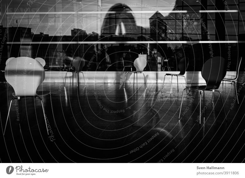 Chairs behind glass front reflections chairs Glass Deserted Empty Seating Furniture Table Gastronomy Closed Café Restaurant Sidewalk café Exterior shot