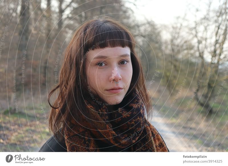 Portrait of young beautiful woman with scarf in nature Young woman Girl Youth (Young adults) Woman Dreamily Meditative youthful Earnest Looking pretty Emotions