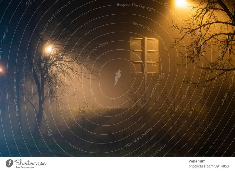 Fog in the streets of the town of Luckenwalde ,Traffic sign from behind, street lamp behind a tree Foggy Mist Misty Street Streets Night light post street light