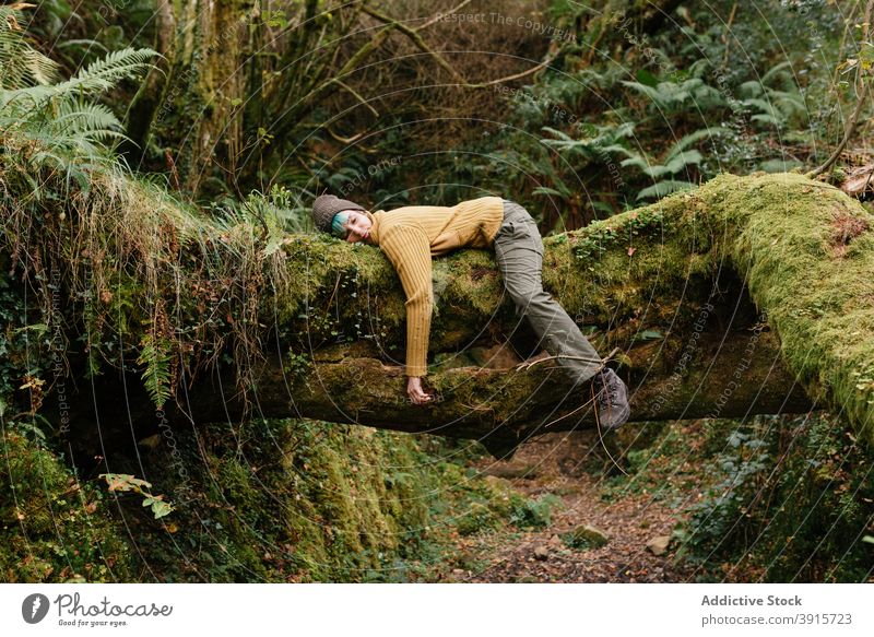 Tired traveling woman relaxing on tree trunk in woods forest trekking tired hiker lying explorer female break recreation nature adventure tranquil moss enjoy