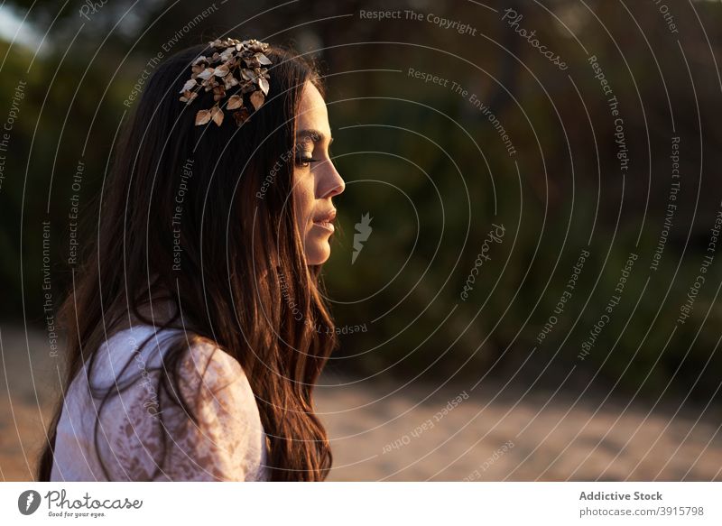 Charming bride in white gown standing on footbridge in forest white dress boho wedding elegant grace woman nature brunette female bridal romantic young marriage