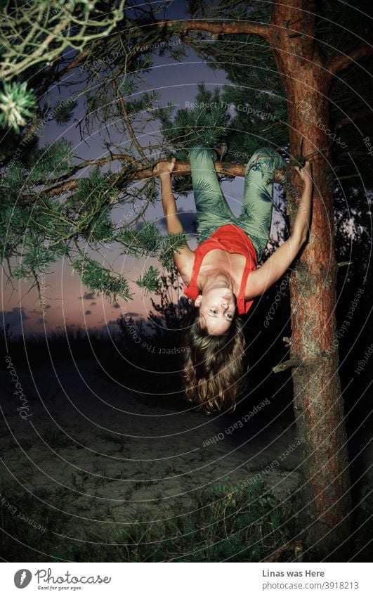 A romantic postcard about the adventures and memories of the long-gone summer. Wild brunette model is up in a tree just hanging out and being all gorgeous. The sky is painted in purple color and direct flash just makes this moment more real.