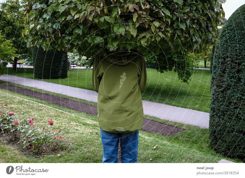 Child hides in tree top Nature Hiding place Hide Treetop leaves Whimsical surreal Head Green Camouflage fun original Exterior shot Freak Humor tone-in-tone