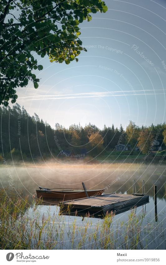 Boat in the lake Wide angle Deep depth of field Contrast Silhouette Exterior shot Multicoloured Colour photo Adventure Nature Environment Landscape Swede Lake