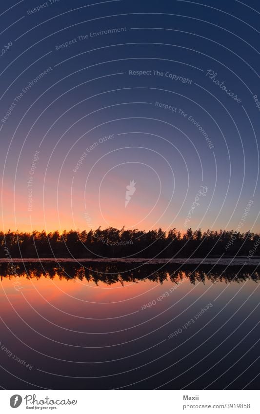 Twilight at the lake Lake Sweden Sunset Reflection in the water Forest