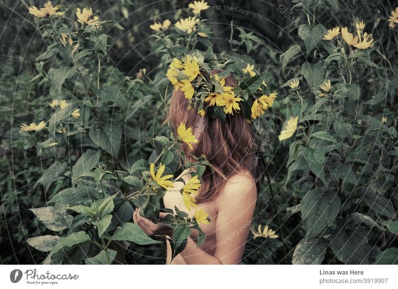 It still doesn’t feel like summer solstice yet, though this sensual image of a naked deva with a yellow flower garland in the wild brings the best of the summertime remembrance. Young and naked brunette model out in the green nature.