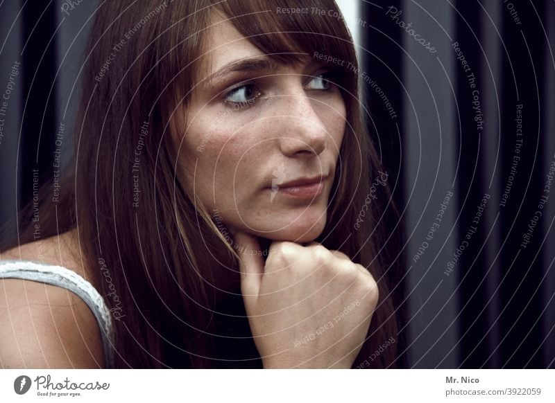 contemplative portrait ponder Think Woman Calm Face Looking Thought Dream Eyes Sadness Distress Hair and hairstyles Emotions Dark Feminine Loneliness Hand