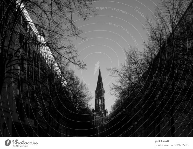 A church in the middle of Mitte Zion Church Downtown Berlin Street bare trees Sky Triangle Silhouette Vanishing point Architecture Dark Target Winter