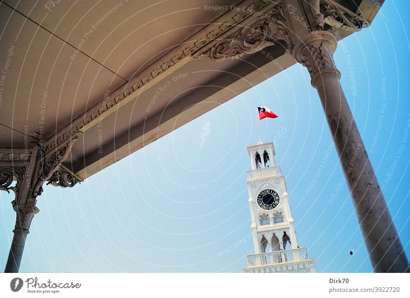 Historic clock tower in Iquique, Chile Clock Clock tower Historic Buildings iquique Plaza Arturo Prat Chilean Famous building Exterior shot Tourist Attraction