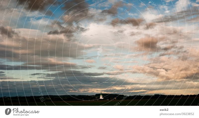 Göda, Upper Lusatia Panorama (View) Church Church spire Dusk Cloud formation Colour photo Exterior shot Deserted Copy Space top Evening Twilight Contrast Shadow