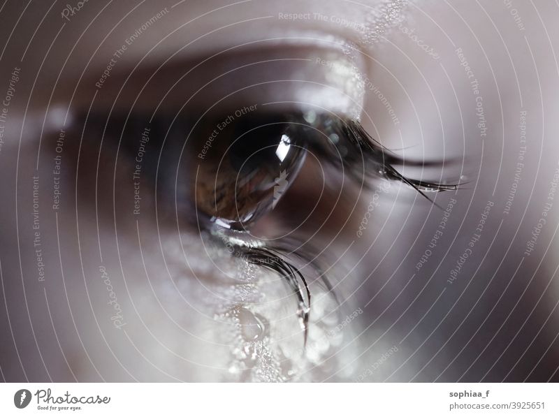 sad eye, close up of crying eye tear drop hopeless depression brown side view lashes tears wet sadness see down water focus sight sparkling look liquid macro