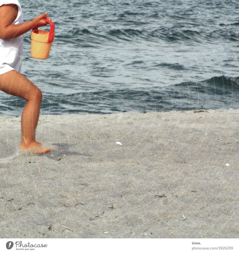 Baking Ingredient Service Water Baltic Sea sunny Wet Wanderlust Childhood memory travel Ocean ocean surface Bucket Girl Carrying Walking stop Beach Sand