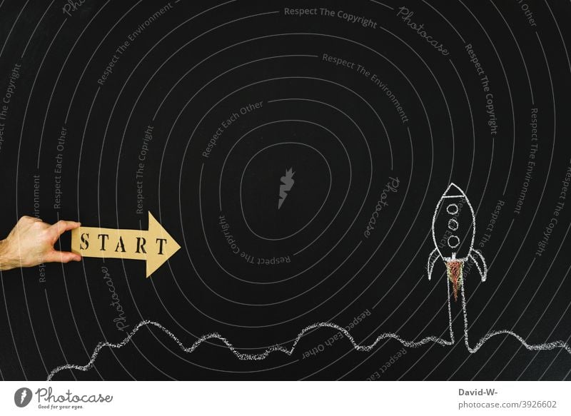 Launch - Rocket takes off restart launch take off New Year Blackboard concept Success Motive School Beginning Chalk Drawing