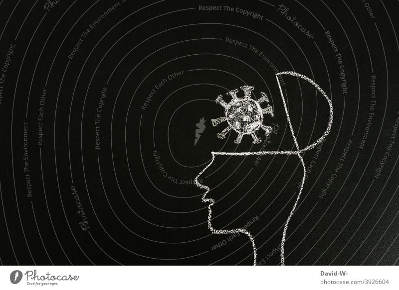 Coronavirus in our heads corona Think ponder news coronavirus thoughts Fears pandemic Head Drawing Chalk Blackboard Politics and state Immunization topic