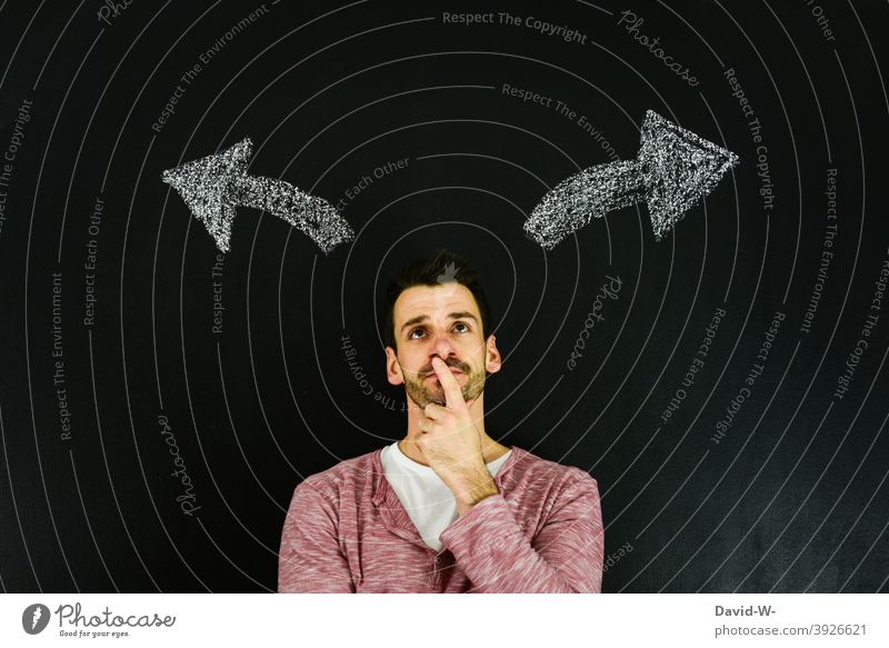 take a decision Decide Think Select Direction Arrow Change in direction Success Indecisive Insecure Man Meditative Chalk Blackboard policy Party choice