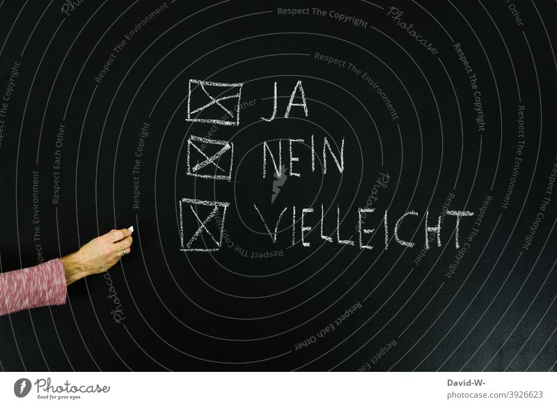 Undecided / Decision - tick - yes no maybe Indecisive Unclear Aimless undecided Insecure Ask Answer words Blackboard Chalk solution