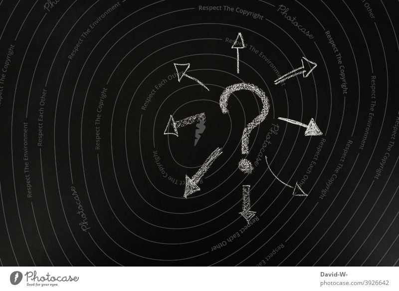 Question mark - questions and arrows ? Ask Solutions problems Puzzle Characters Sign Irritation Perplexed solution concept Blackboard Chalk