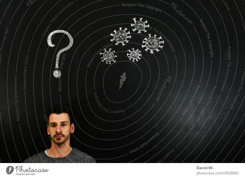 Man thinks about Corona coronavirus ponder thoughts Question mark ? Fear of the future drawing Risk of infection Ask