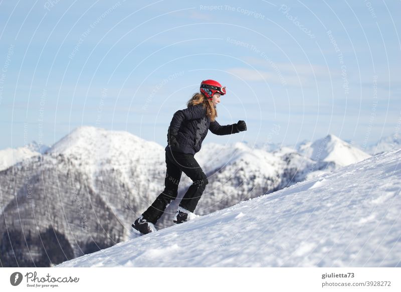 Happy New Year! |Sporty young woman hikes full of verve up the mountain portrait Looking away Profile Full-length Central perspective Sunbeam Sunlight Day