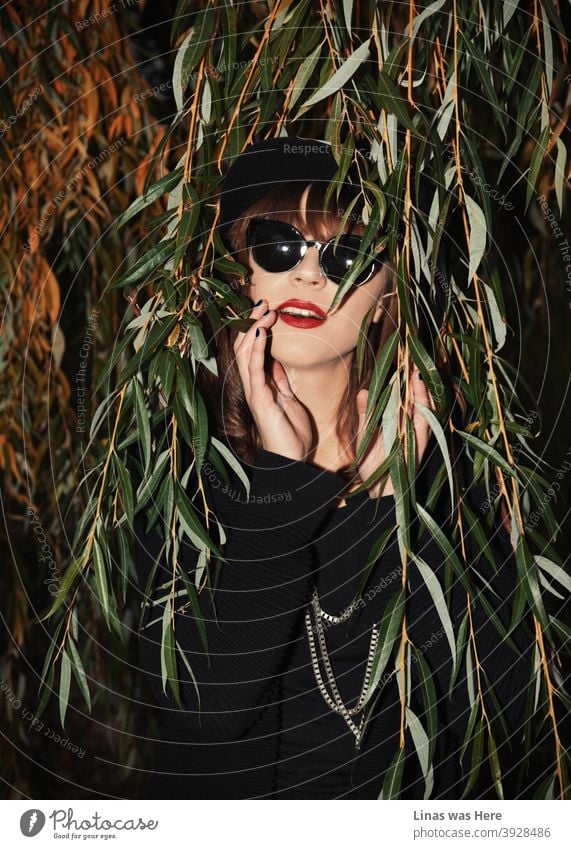 This gorgeous brunette girl with sunglasses was shot during a perfect autumn afternoon. She is dressed in black and obviously has a taste for fashion. Red lips are matching well yellow autumn leaves.