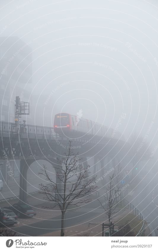 Hamburg elevated railway in the fog Mono rail Public transit Underground Transport Bridge Fog Gray Diffuse Monochrome Subdued colour urban Driving In transit