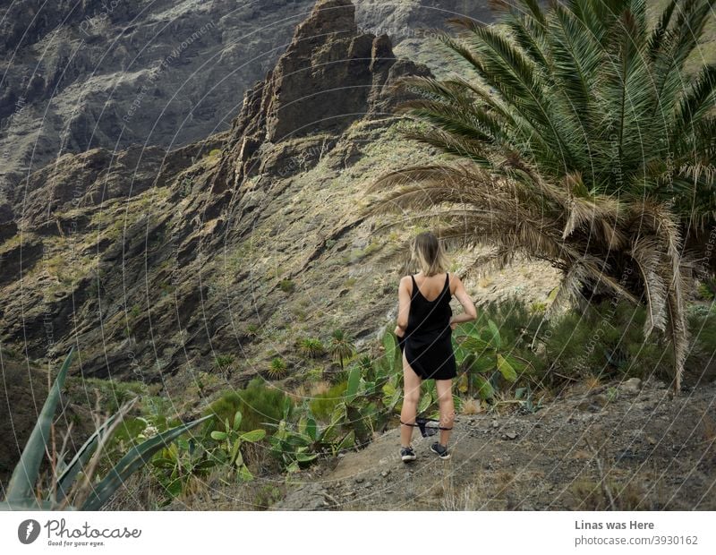 Lost girl in these mountains which looks (and actually is) like Masca in Tenerife. Massive rocks, green palm leaves, spiky cactuses, oh, and black panties. Wild girl in this wild terrain.