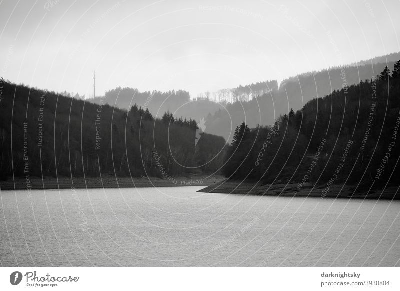 Bigge Lake during the cold season in winter or autumn bigge River dam Biggesse Biggetal Dam panorama Forest Water Sauerland # #Sauerland silent Nature