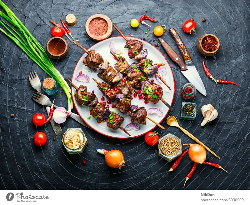 Delicious liver kebab skewer kabob meat grilled barbecue fried liver meat skewers shashlik ciger kebab roasted food bbq onion delicious appetizer turkish stick