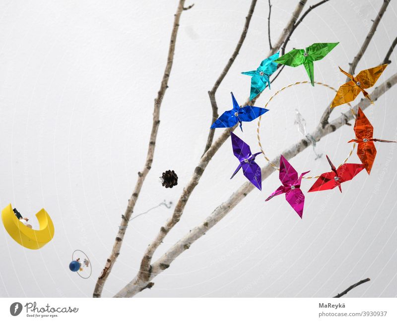 dream tree Birch tree Mobile Cranes Moon Jawbone Bright Dream Flying Branch Decoration Dream world Blanket Origami