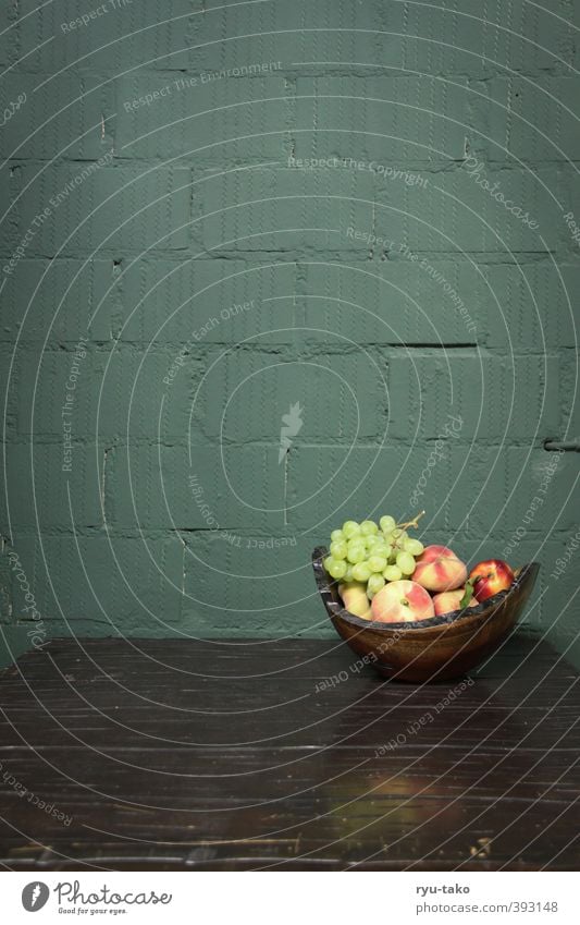 Although Fruit Bowl Esthetic Still Life Healthy Fruity Table Wooden bowl Bunch of grapes Apricot Peach Juicy Delicious Empty Colour photo Interior shot Deserted