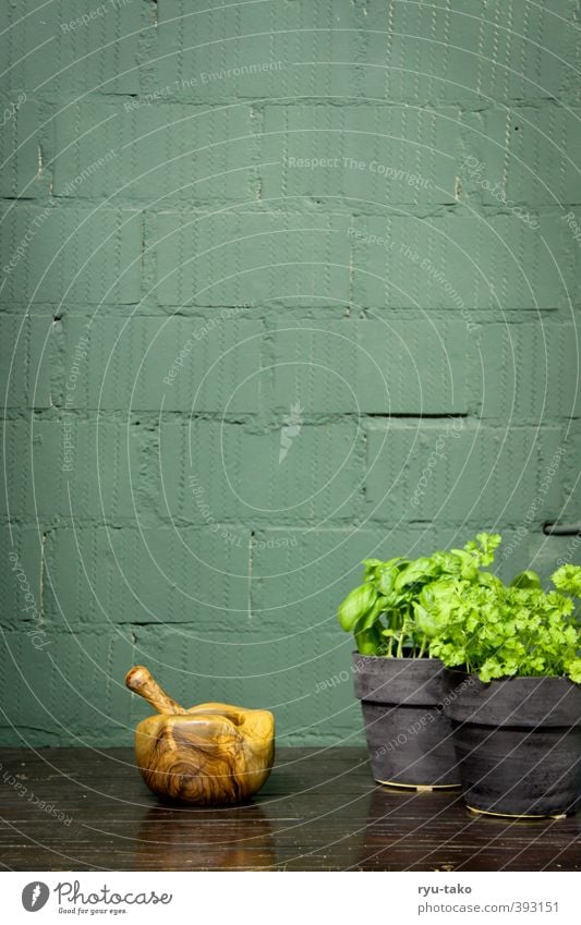 Mortar basil parsley Herbs and spices Esthetic Pure wood mortars Table Kitchen Basil Parsley Still Life Healthy Eating Flowerpot Colour photo Interior shot