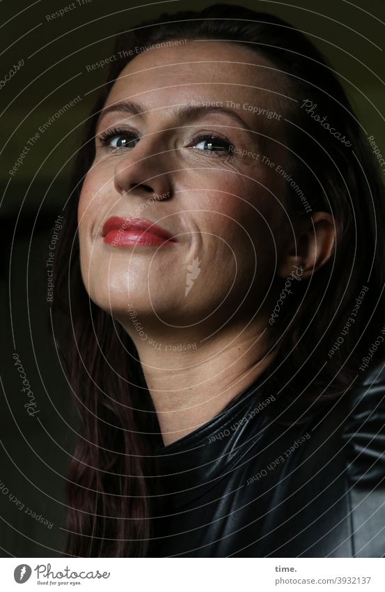 smiling woman in half light portrait Smiling Dress Perspective cheerful relaxed fortunate Dark pit kind Inspiration Face