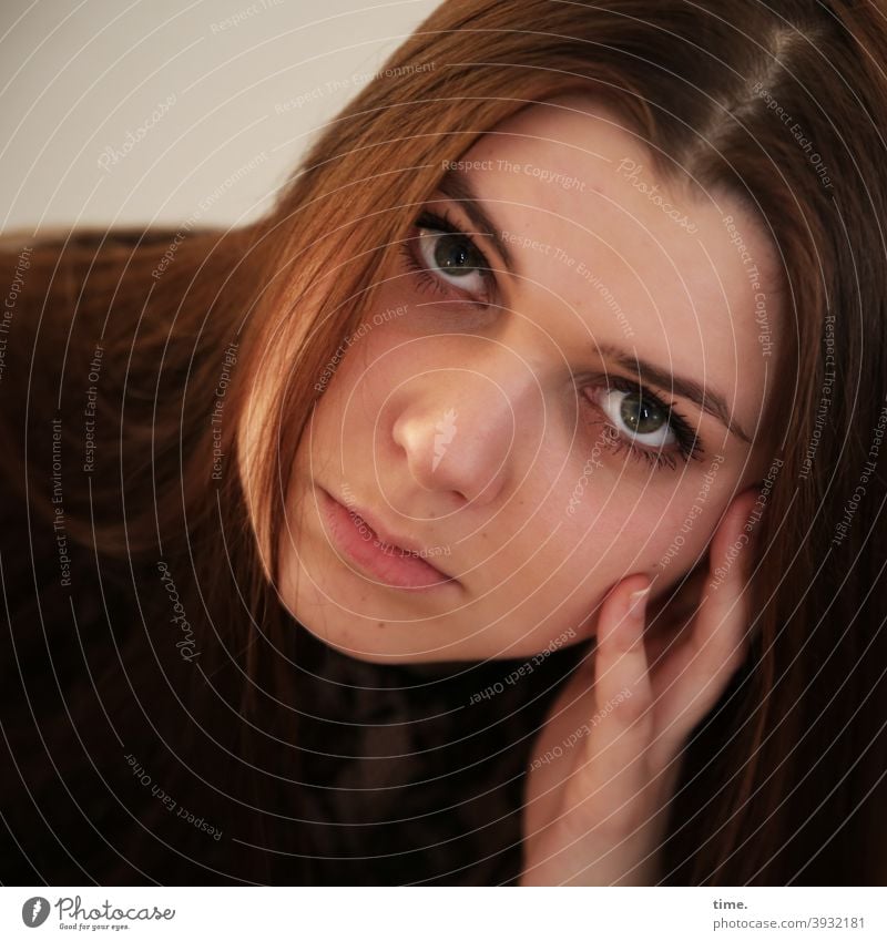 Natalia portrait Looking Long-haired brown-haired Brunette Rest on Hand concentrated Meditative Sweater