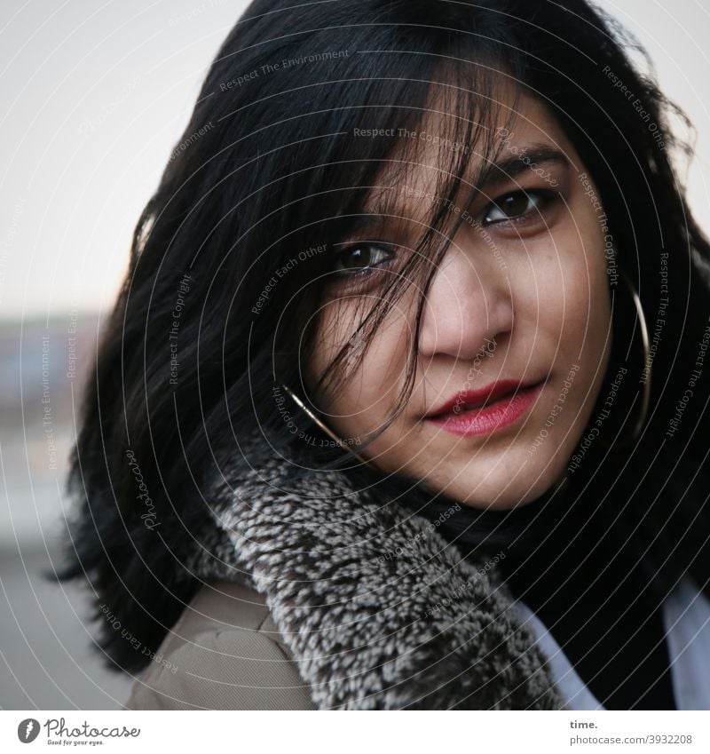 Elis portrait Face Black-haired Winter Coat Earring Long-haired vigilantly observantly Concentrate Looking Inspiration Emotions chill