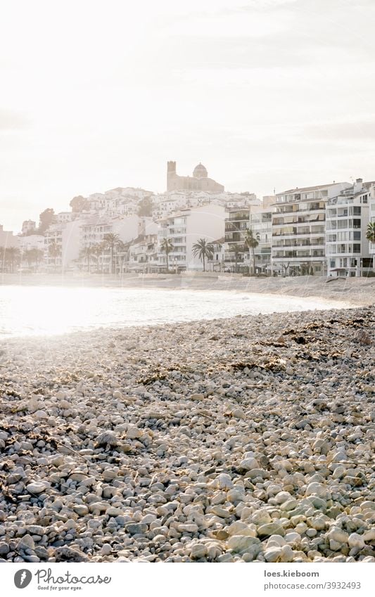 The destroyed beach in Altea after storm Gloria in January 2020 with view on coast and old town with backlight, Altea, Costa Blanca, Spain altea spain