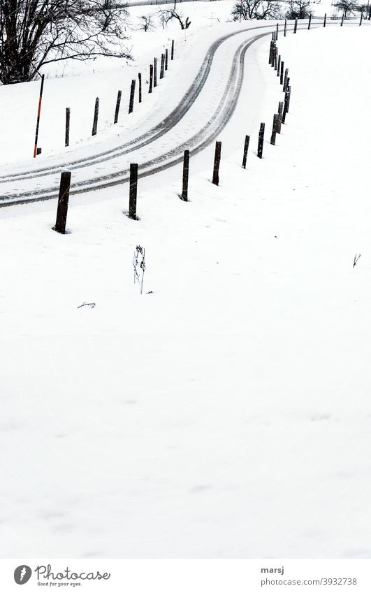 If it weren't for the track posts, drivers might not have found the S-shaped, snow-covered road at all snowy road Street Winter vacation Snow freezing cold