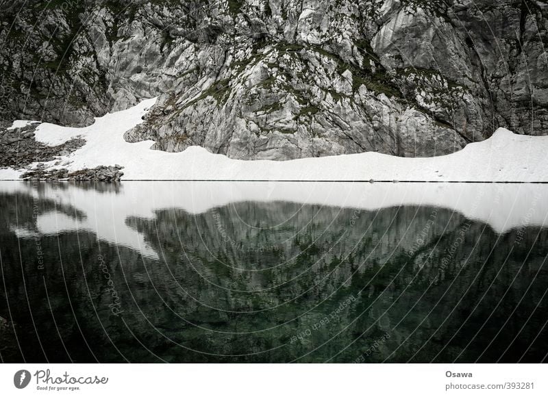 lake flax Environment Nature Landscape Elements Earth Water Summer Rock Alps Mountain Berchtesgaden Alpes Lakeside Cold Gloomy Bleak Snow Reflection White Gray